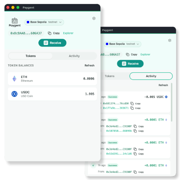 Agential Wallet app showing token balances and transaction history on Base Sepolia